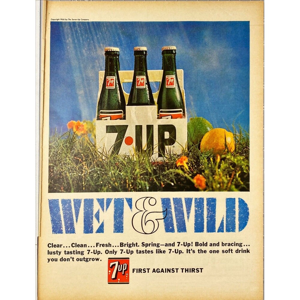 7 UP "First Against Thirst: Wet & Wild" Vtg Print Ad 1966
